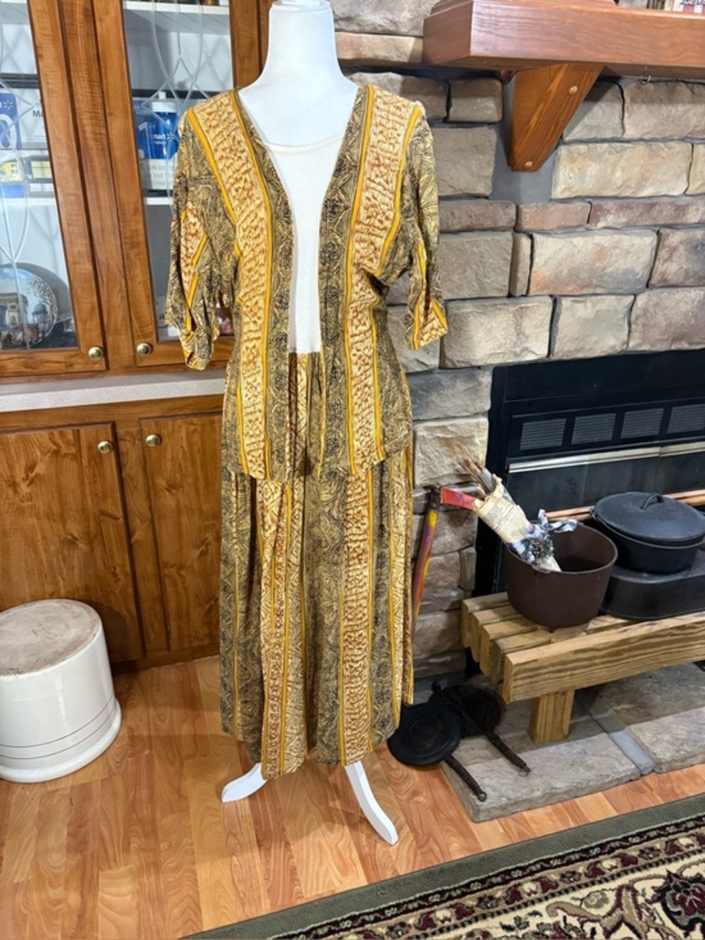 Graphics size 1X multicolored mock 2 piece maxi dress multi pattern mustard sage